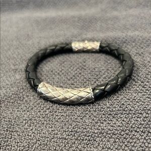 John Hardy Black Braided Leather Bracelet with Sterling Silver Accents